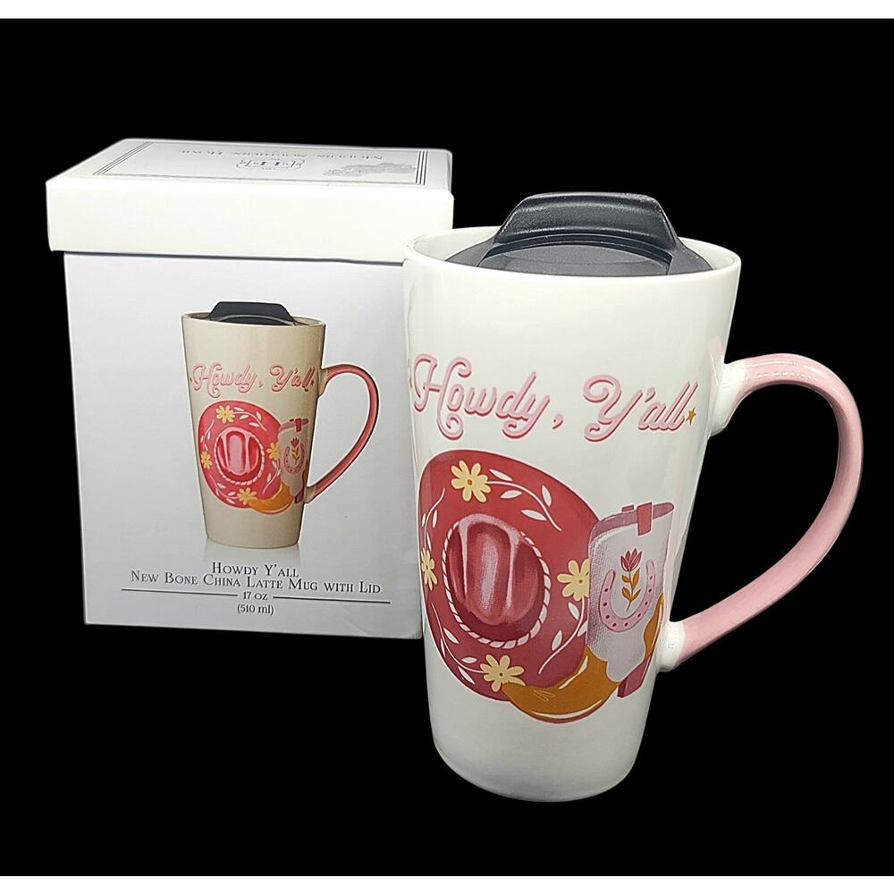 NEW Bone China Latte Coffee Mug W/Lid "Howdy Ya'll" 17 Oz Pink Cowboy Boot Hat